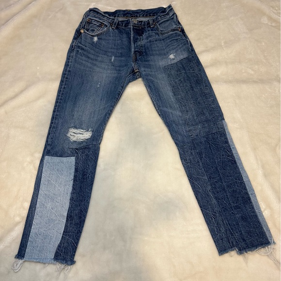 Levi's 501 Color-block Patchwork Ragged Lands Raw Hem Slim Straight Denim Jeans - Picture 3 of 16